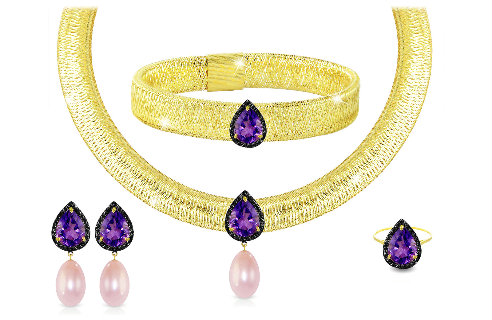 Vera Perla 18K Gold 0.60ct Black Diamonds, Amethyst and 13mm Purple Pearl Jewelry Set - 4 pcs.